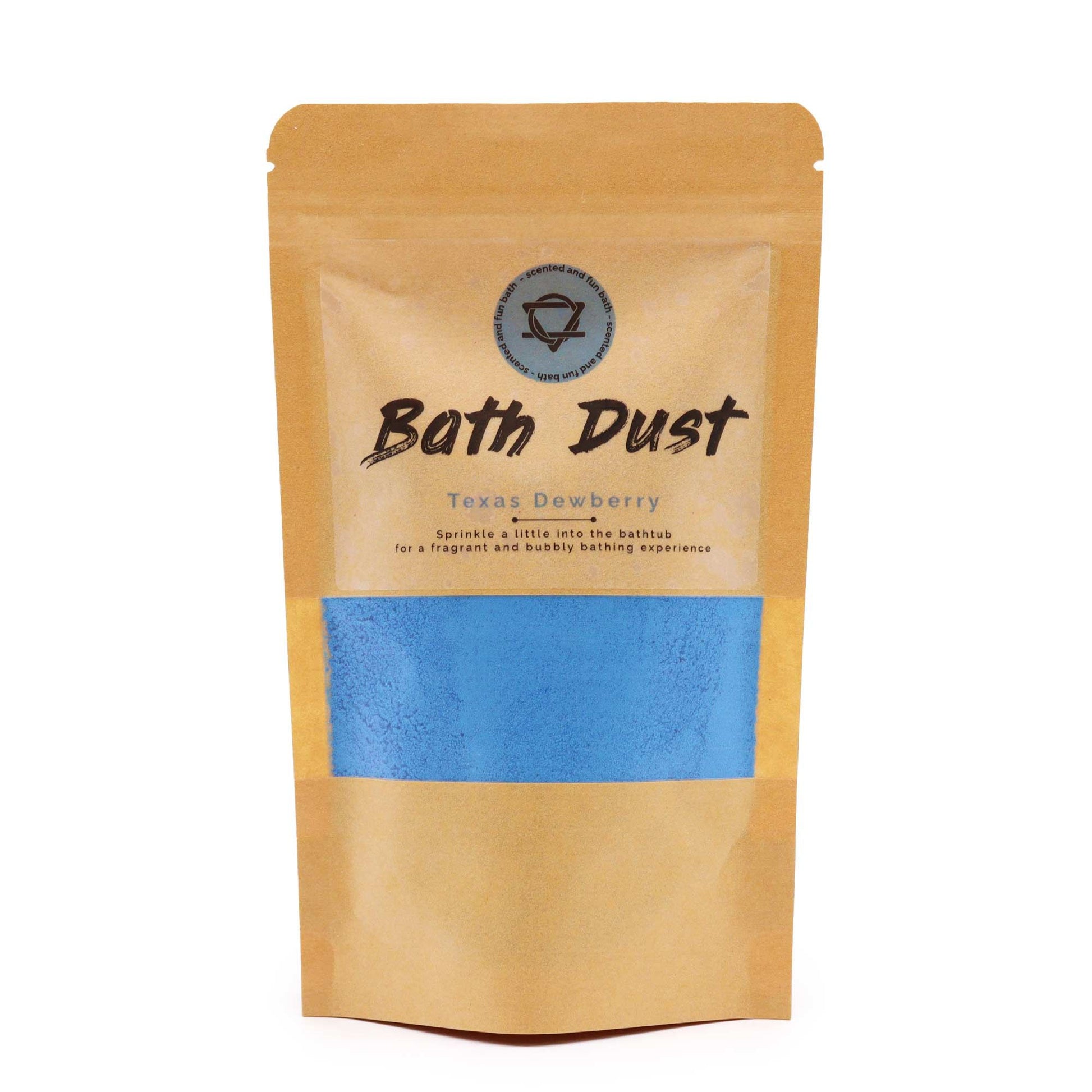 Sparkling purple and pink textured bath dust in a clear bag, showing a fine crystalline powder for a relaxing soak.