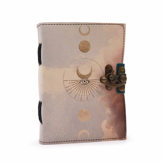 Handmade brown leather journal with embossed moon phases and textured deckle-edge paper, featuring a vintage metal clasp.