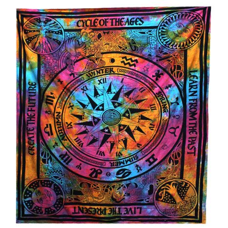 Large double cotton bedspread featuring a vibrant multicoloured Circle of Ages design with intricate spiritual patterns.