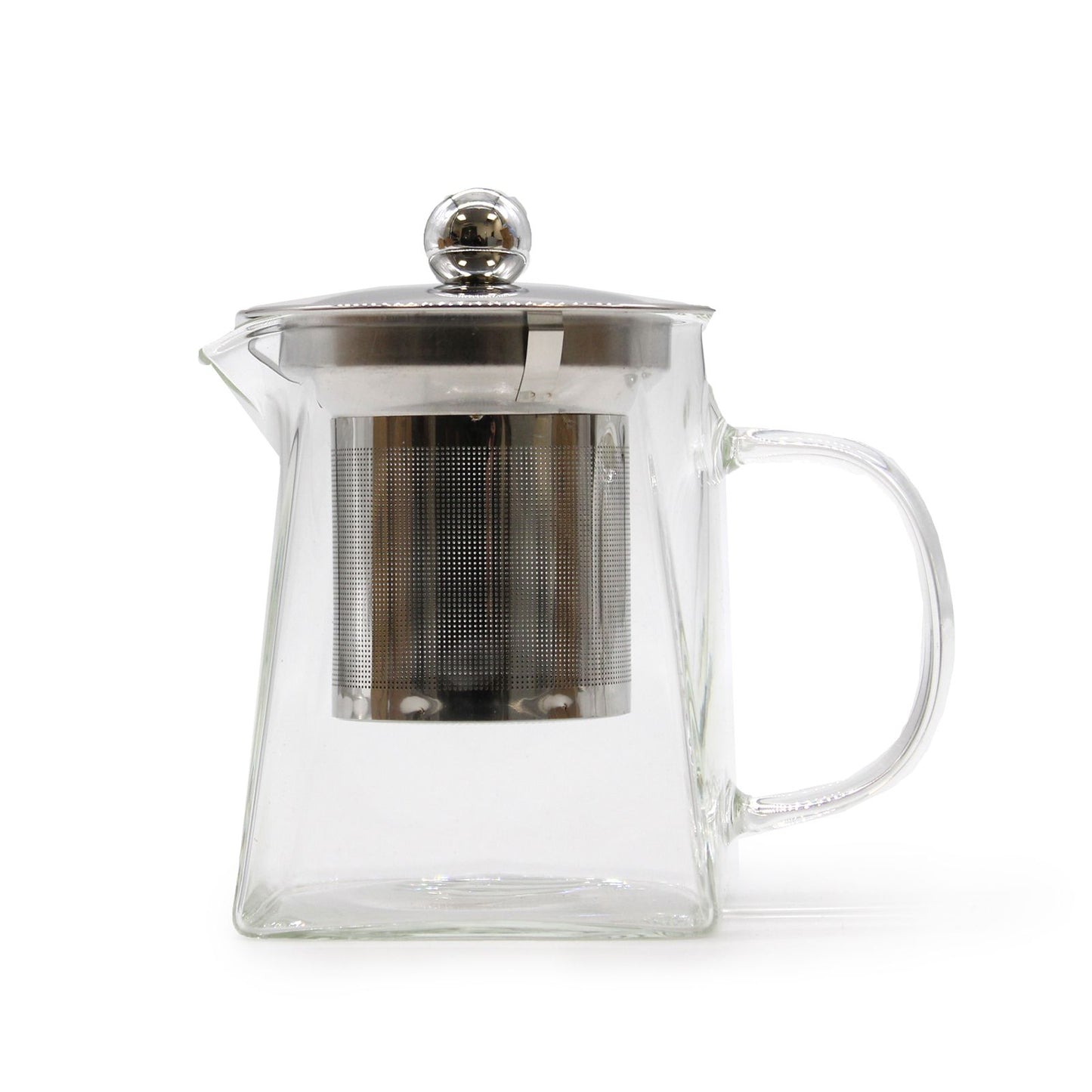 Sleek tower-shaped clear glass teapot with a built-in infuser for loose leaf tea brewing.