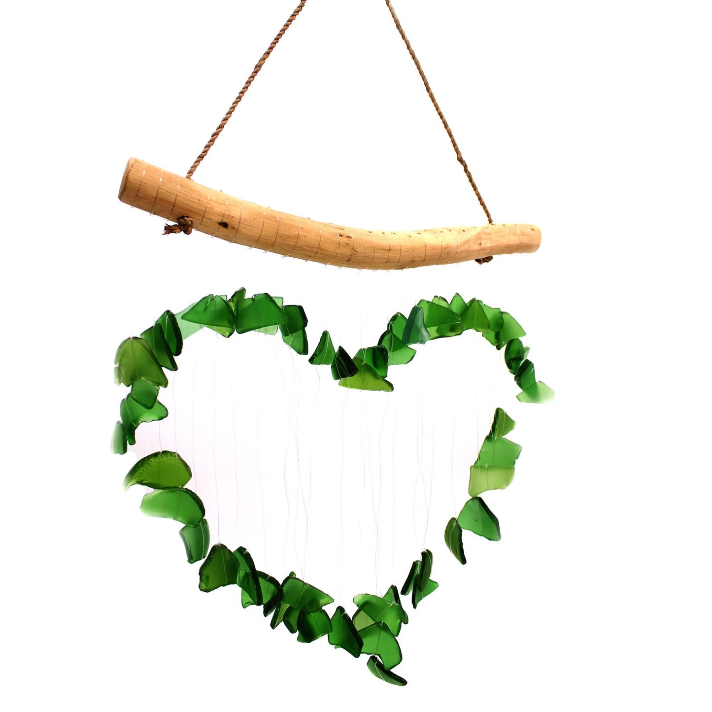 Heart-shaped green recycled glass wind chime hanging gracefully against a soft natural background.