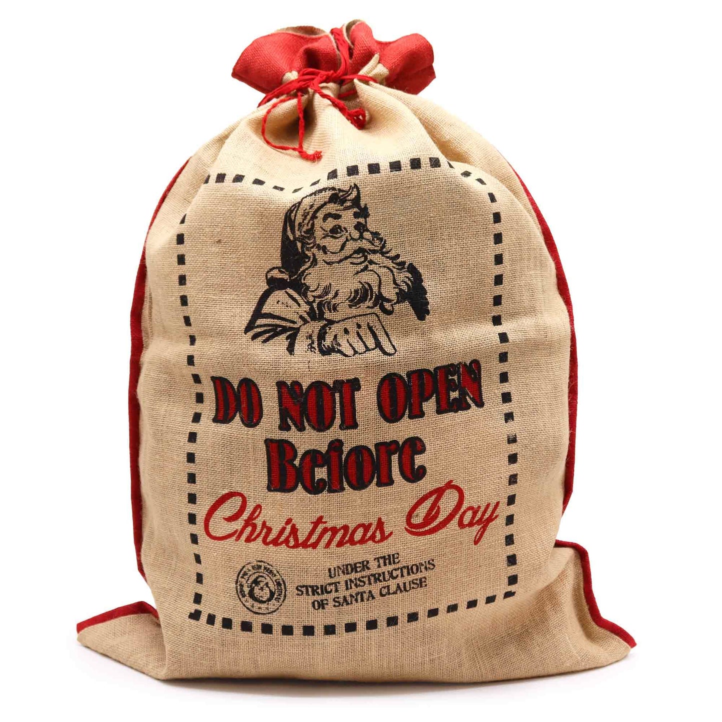 Large rustic jute Christmas sack with Do Not Open Before Christmas Day text and festive stamp design.