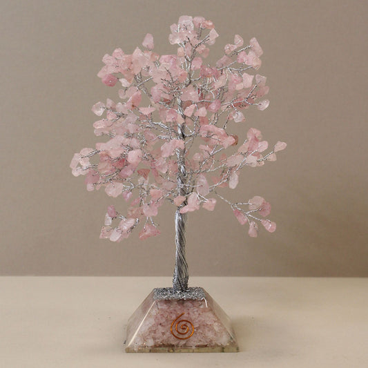 Beautiful Rose Quartz gemstone tree with 320 stones on a decorative orgonite base for spiritual home decor.