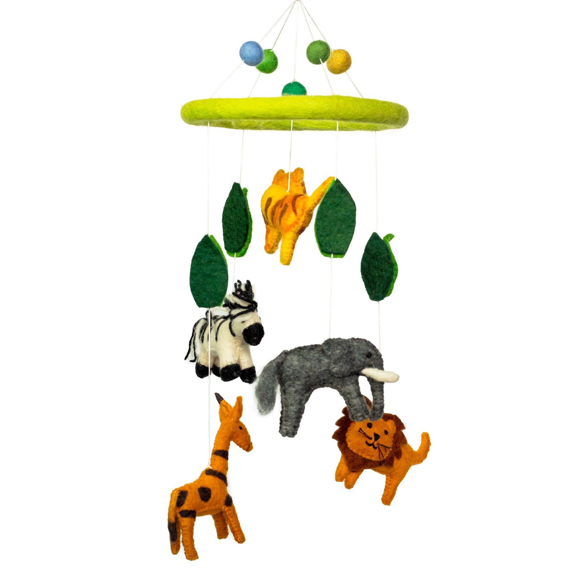 Handmade felt nursery mobile featuring various safari animals hanging from a wooden hoop.