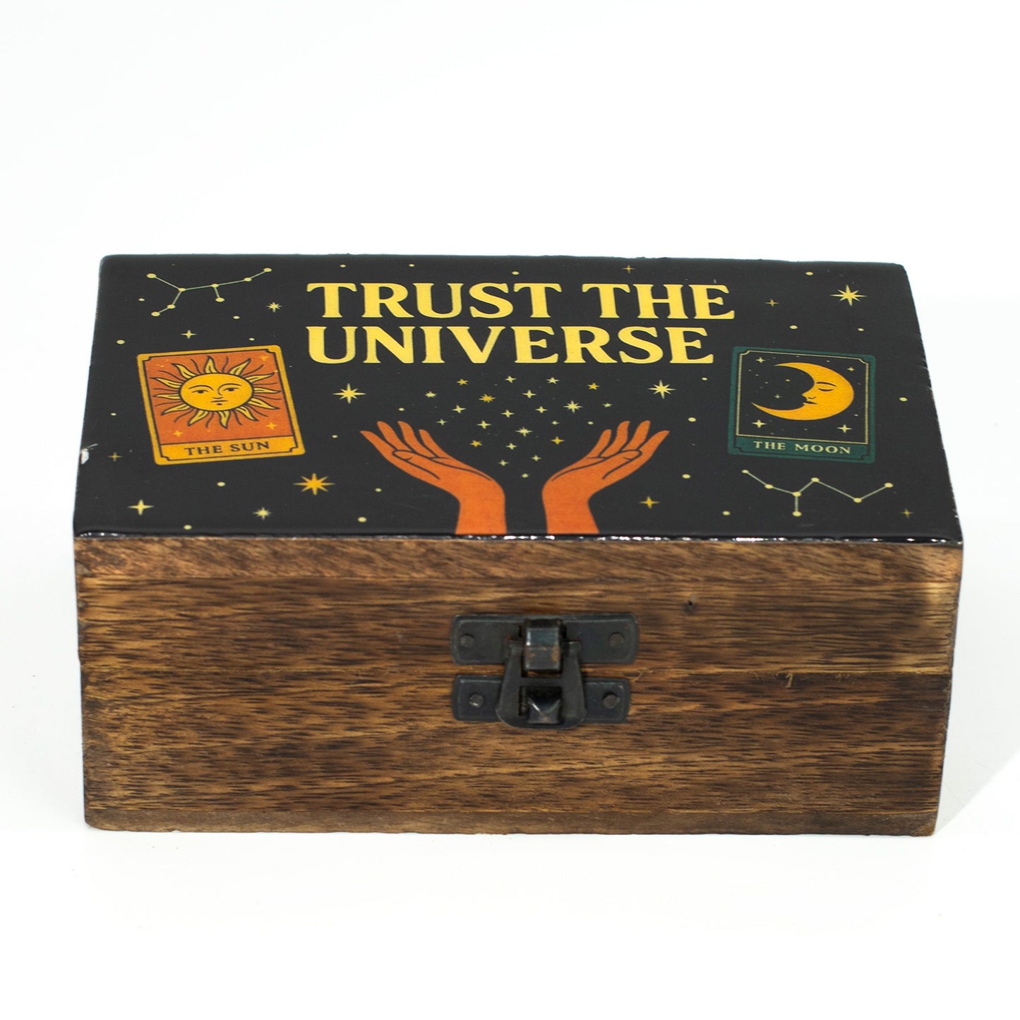 Medium mango wood box with an enamelled lid featuring celestial stars, a sun, a moon, and open hands in a cosmic design.