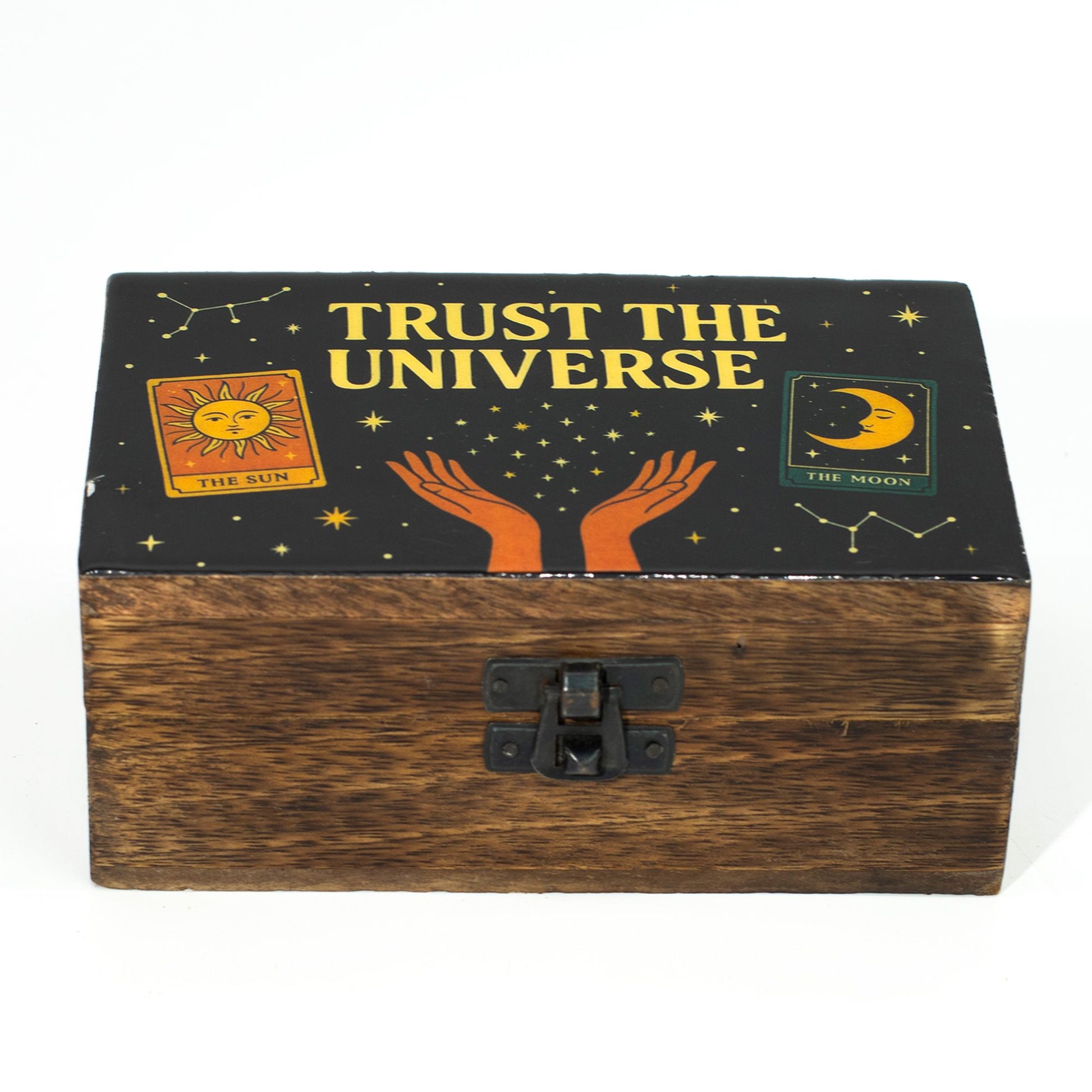 Medium mango wood box with an enamelled lid featuring celestial stars, a sun, a moon, and open hands in a cosmic design.