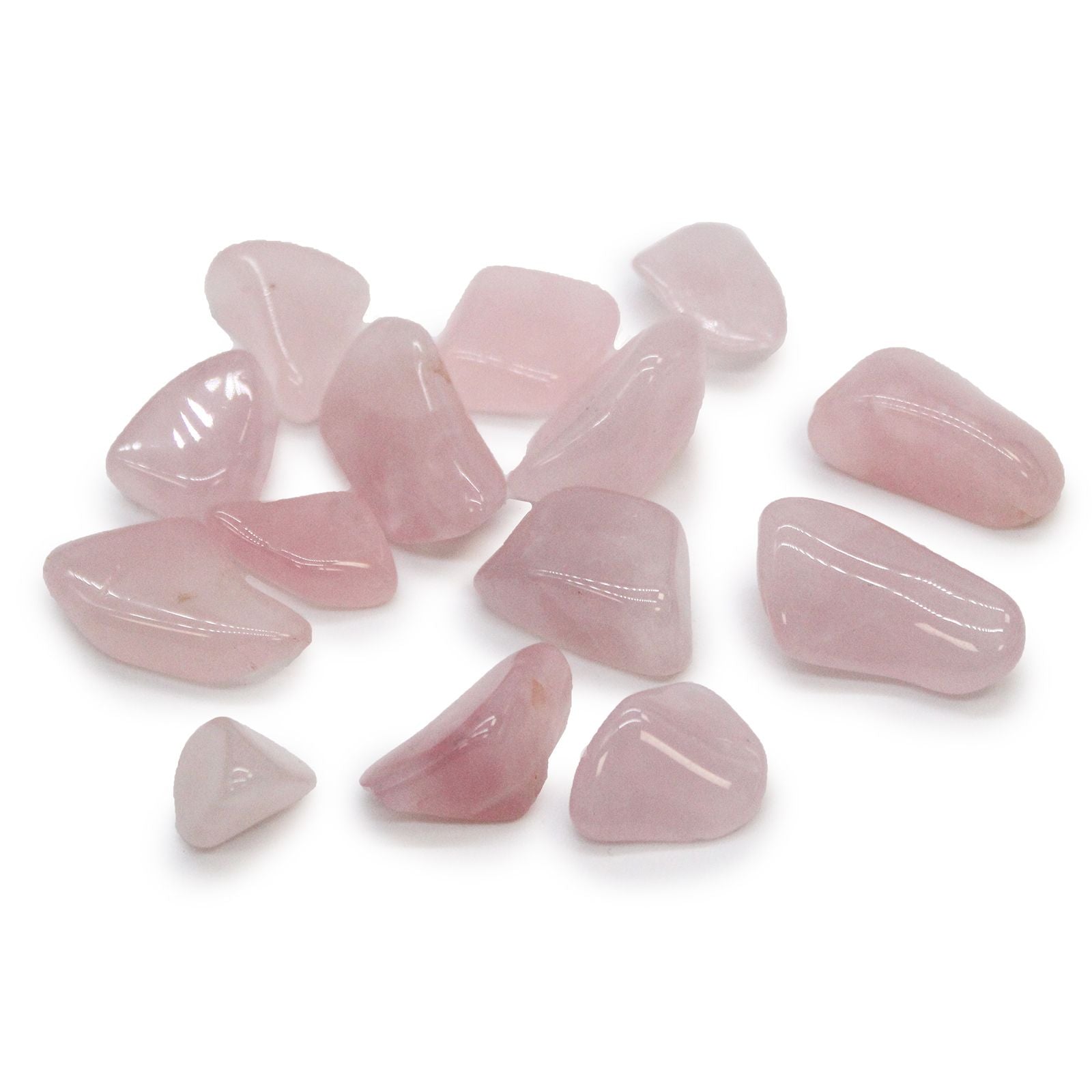 A smooth, polished medium-sized rose quartz tumble stone with a soft translucent pink hue.