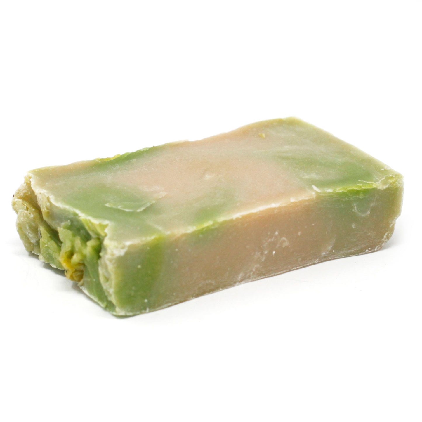 Artisan olive oil soap slice with a textured, natural finish showing the botanical infusion of noni fruit.