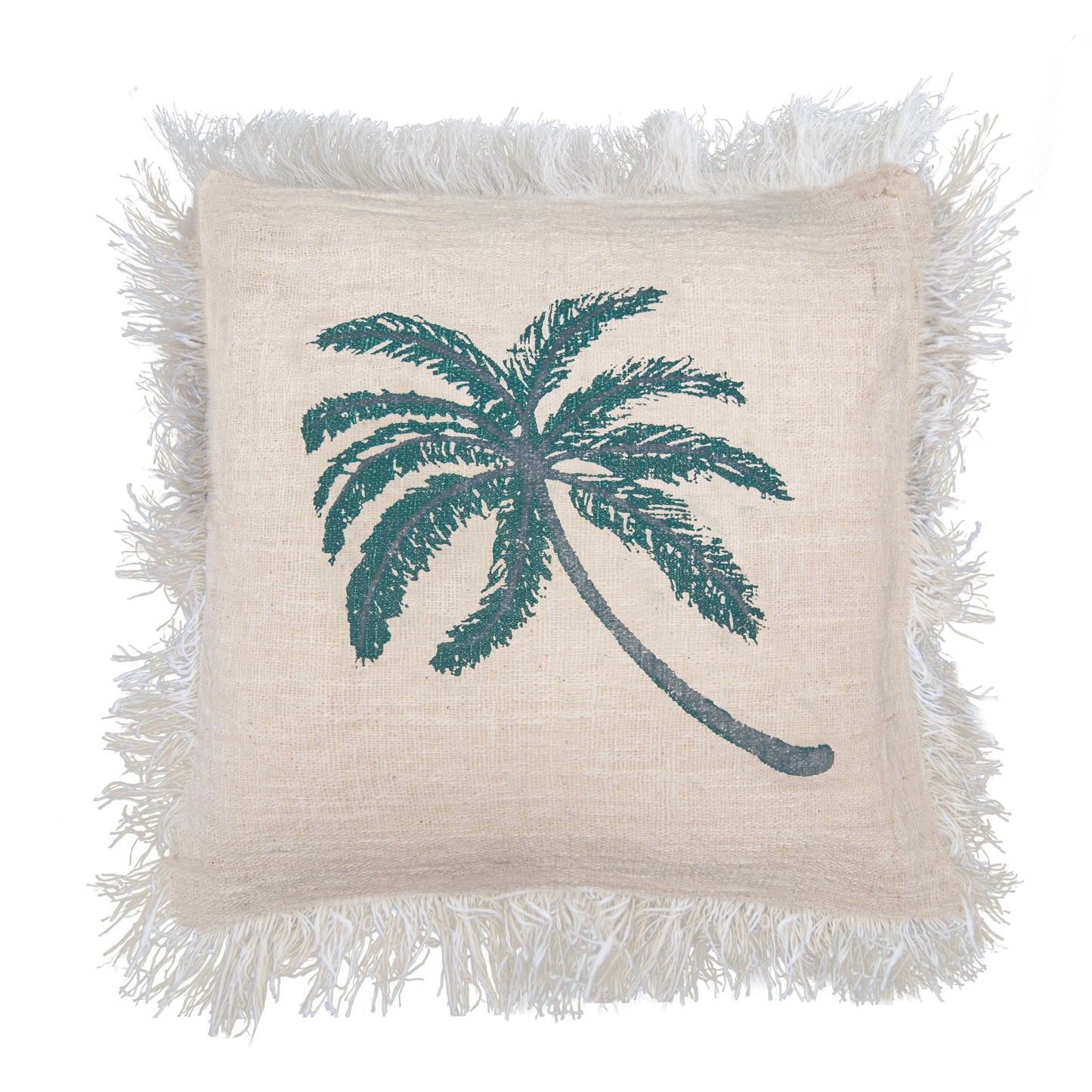 Large square linen cushion cover featuring a black palm tree print and decorative fringed edges.