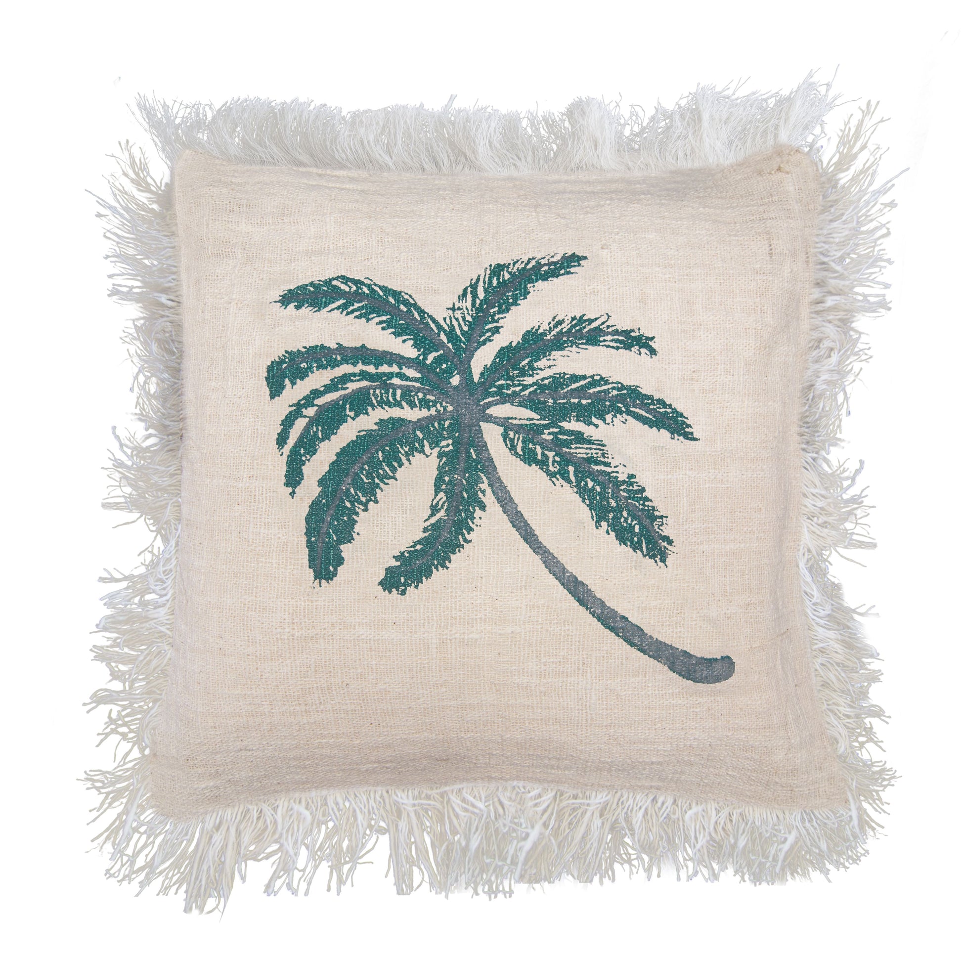 Large square linen cushion cover featuring a black palm tree print and decorative fringed edges.