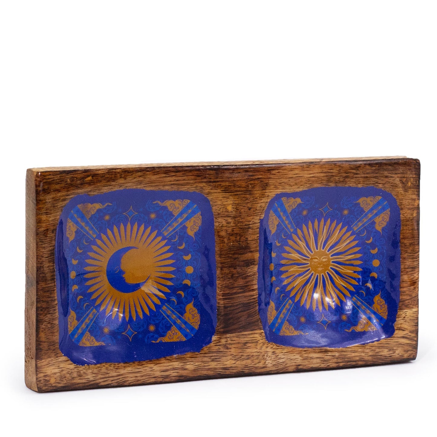 Celestial themed double trinket tray featuring hand-painted sun and moon designs with a vibrant enameled finish.
