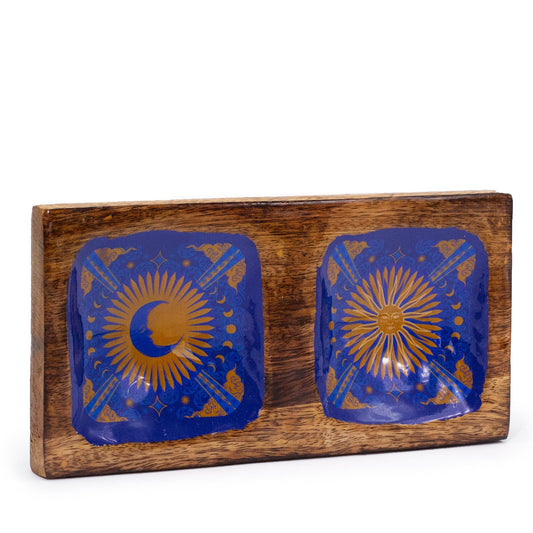 Celestial themed double trinket tray featuring hand-painted sun and moon designs with a vibrant enameled finish.