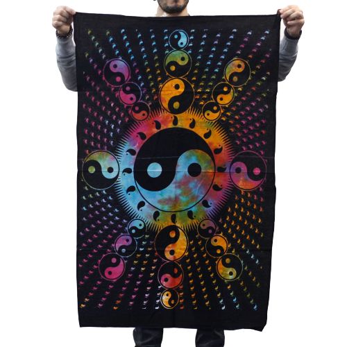 Vibrant colourful Yin Yang cotton wall hanging with radiating patterns and symbolic details on a deep blue background.