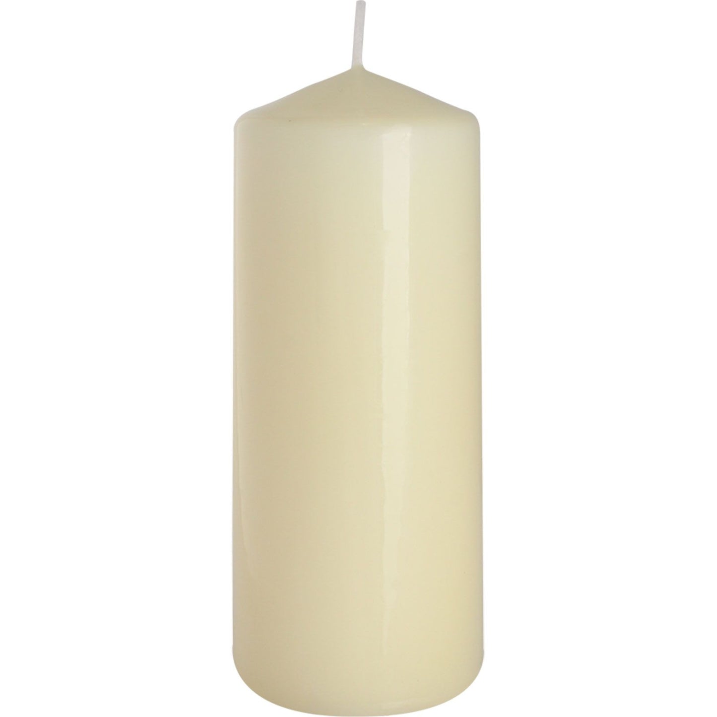 Tall, smooth ivory pillar candle on a neutral background, showing a clean and elegant wax finish.