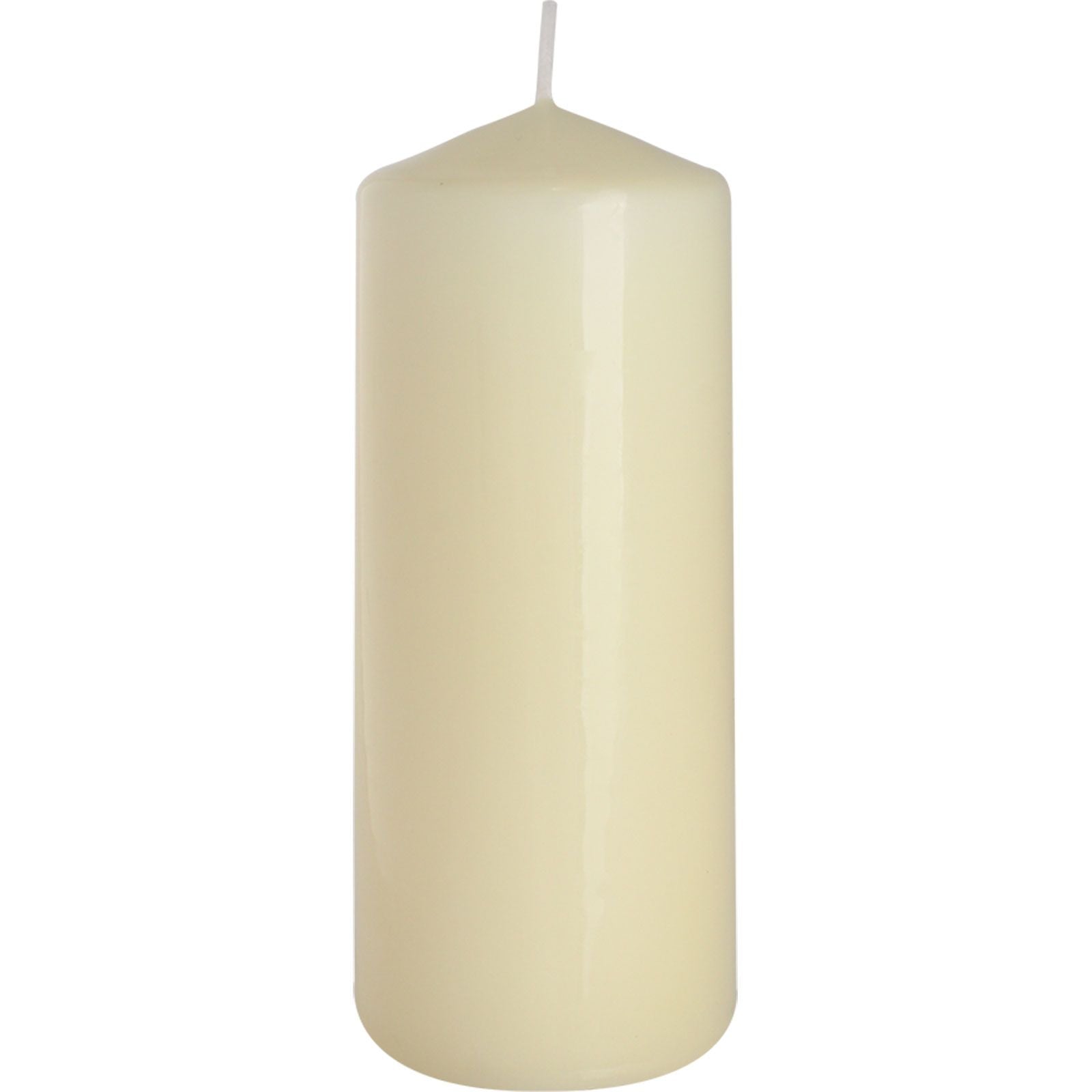 Tall, smooth ivory pillar candle on a neutral background, showing a clean and elegant wax finish.