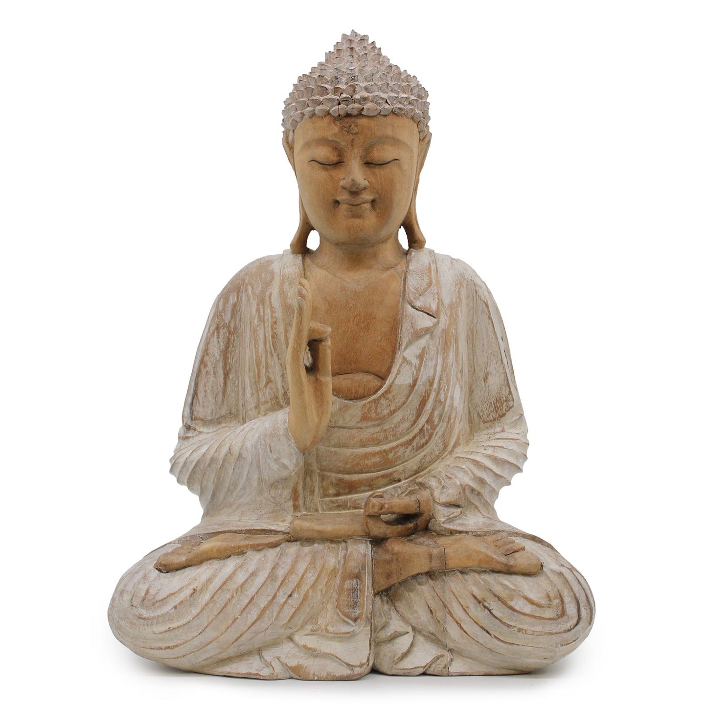 Hand-carved 40cm Buddha statue in a Teaching Transmission pose with a beautiful whitewash finish.