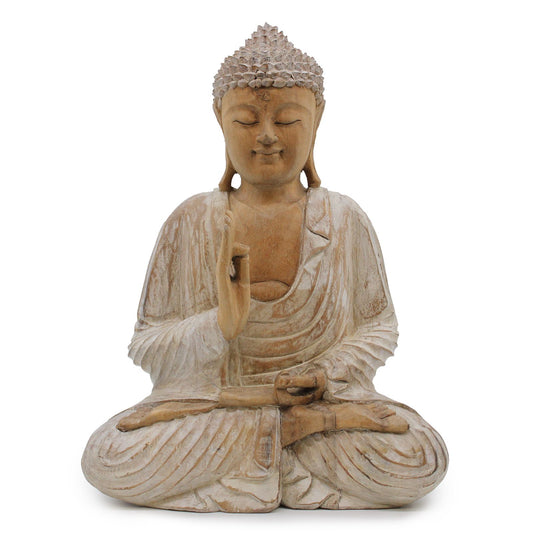 Hand-carved 40cm Buddha statue in a Teaching Transmission pose with a beautiful whitewash finish.