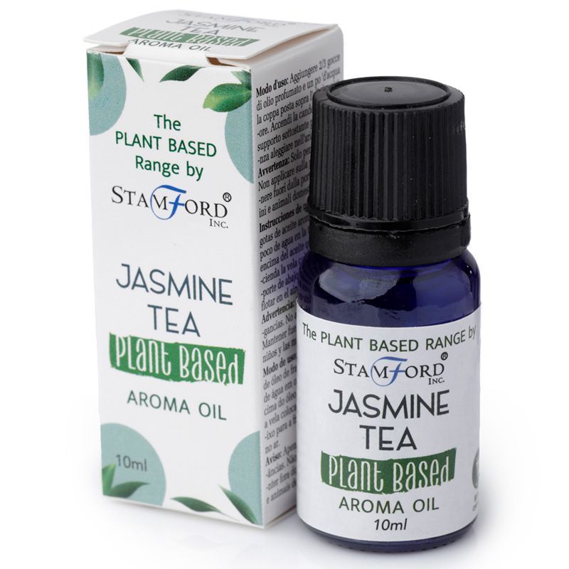 Amber glass bottle of jasmine tea scented aroma oil with a minimalist label on a neutral background.