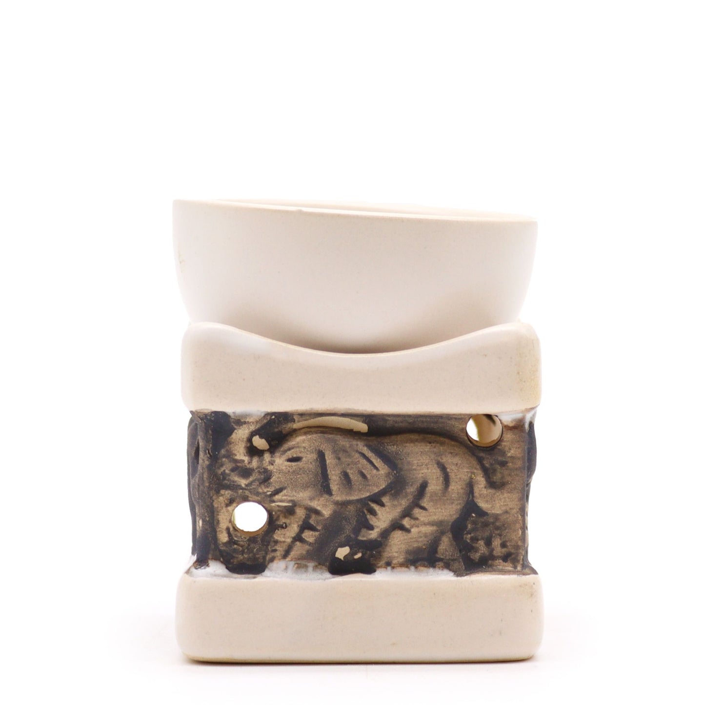 Rustic terracotta-style ceramic oil burner featuring a classic elephant design with a deep bowl for fragrance oils.