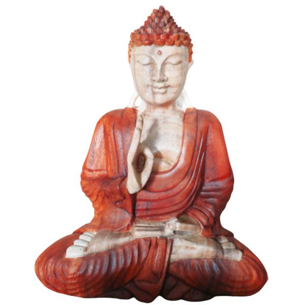 Detailed hand-carved wooden Buddha statue in a traditional teaching pose, crafted from natural Suar wood.