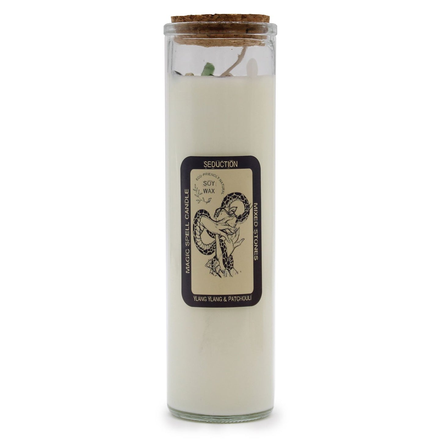 Red soy wax candle topped with mixed gemstones and herbs, designed to enhance sensuality and attraction.