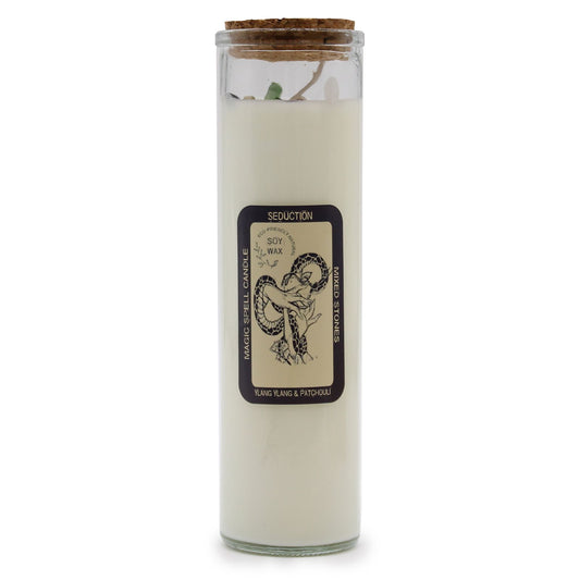 Red soy wax candle topped with mixed gemstones and herbs, designed to enhance sensuality and attraction.