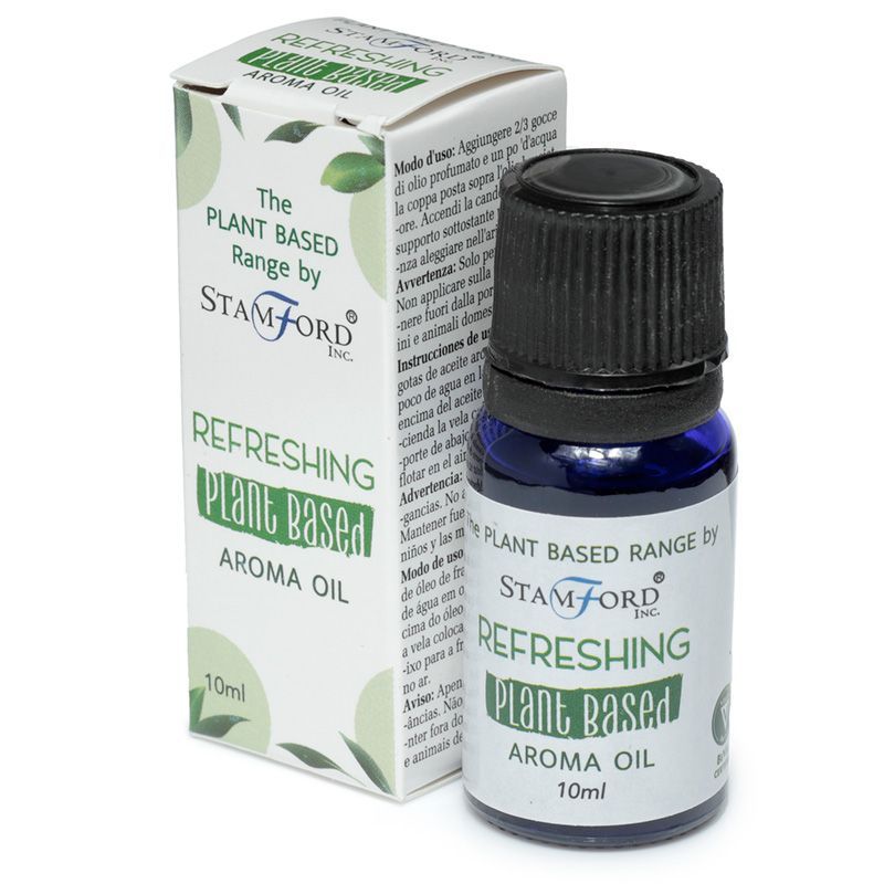 Clear glass bottle of refreshing plant-based aroma oil with a minimalist label on a neutral background.