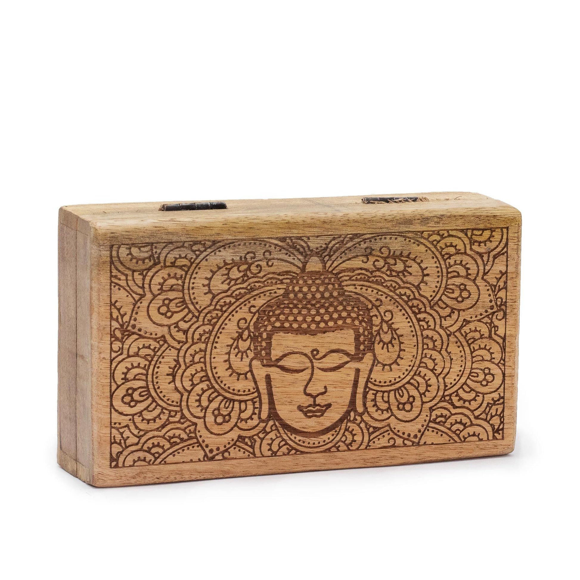 Square black wooden box featuring an intricate engraved Buddha face design on the lid.