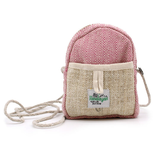 Handcrafted hemp string mobile phone bag with a long shoulder strap in assorted natural colours.