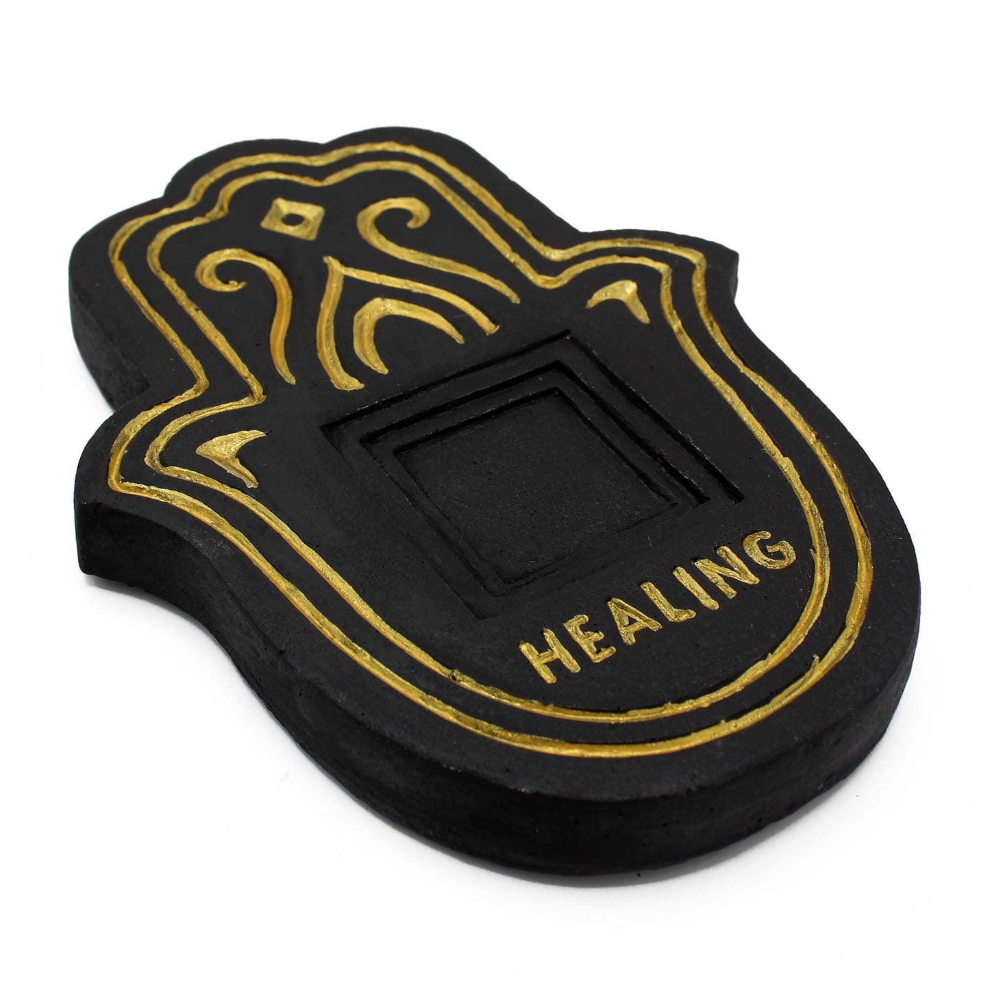 Round black incense plate with a textured gold lava-stone effect and a central hole for incense sticks.