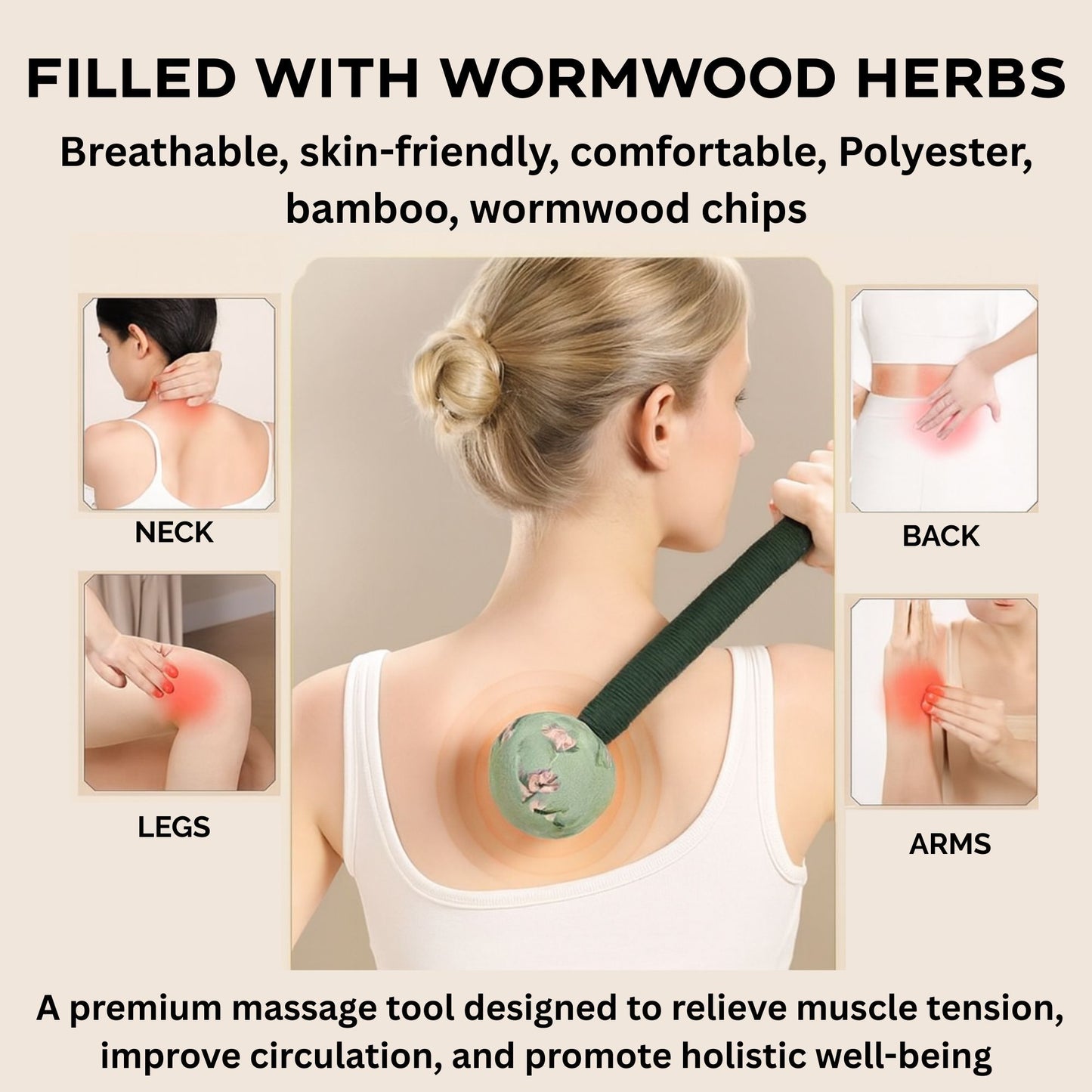 Red patterned fabric massage hammer with a bamboo handle, filled with aromatic wormwood chips for wellness.