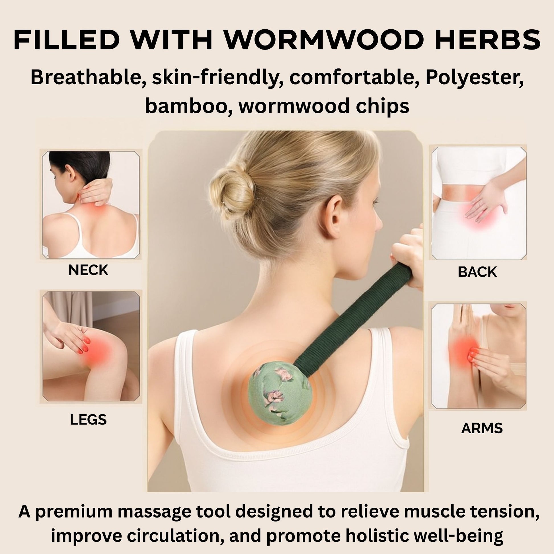 Red patterned fabric massage hammer with a bamboo handle, filled with aromatic wormwood chips for wellness.