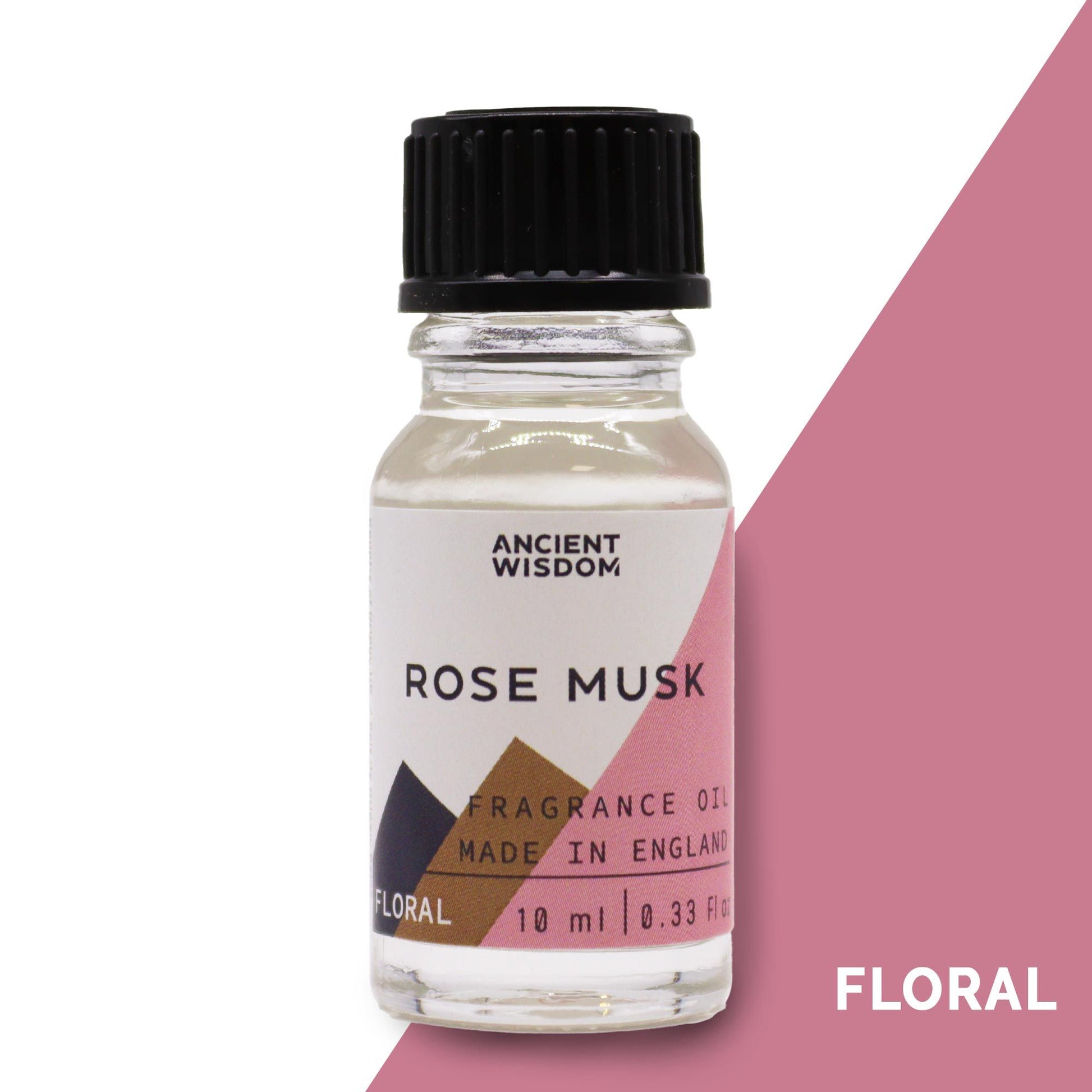 A 10ml glass amber bottle of Rose Musk fragrance oil with a black screw cap and a minimalist label.