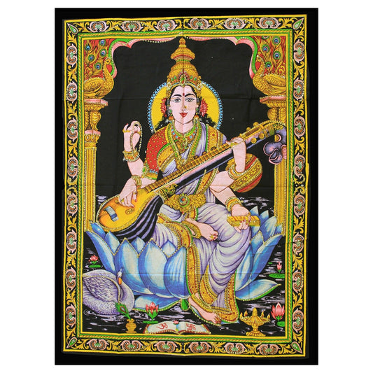 Beautiful Indian wall art depicting the Goddess Saraswati with a veena and swan, symbolising knowledge and music.