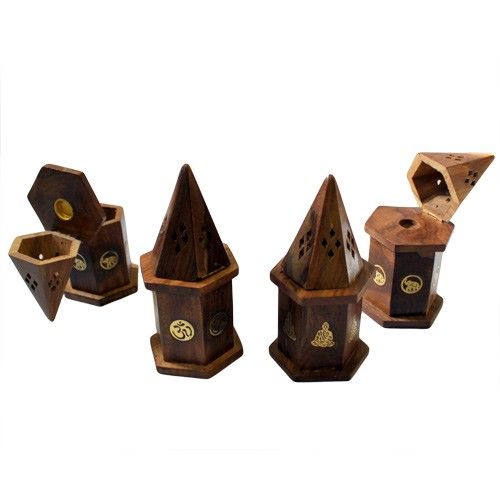 Small pyramid-shaped wooden incense burner handcrafted from rich dark shesham wood with intricate carved details.