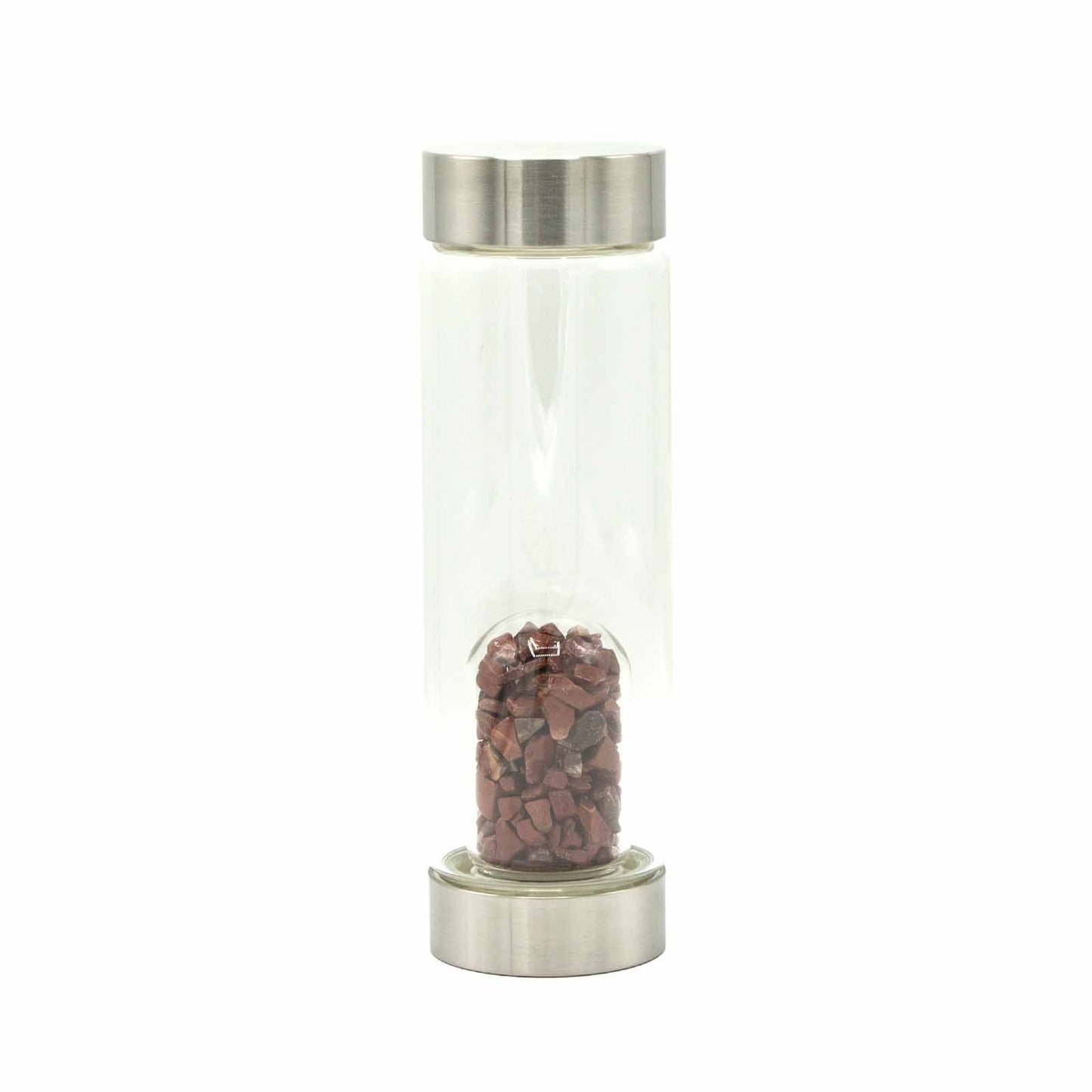 Sleek glass water bottle featuring invigorating red jasper crystal chips at the base for stylish spiritual hydration.