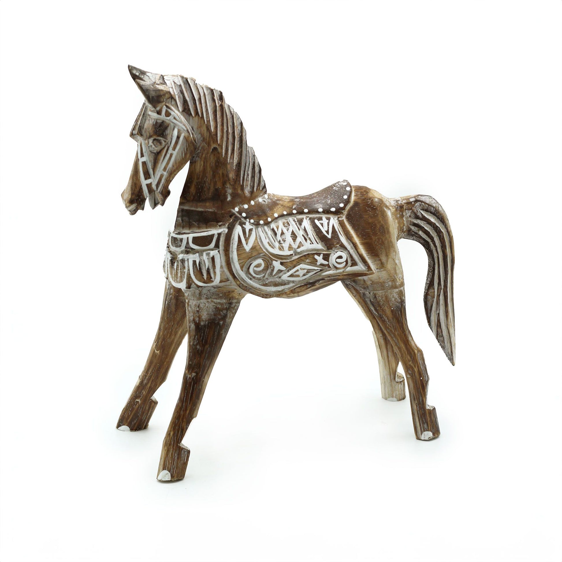 Hand-carved wooden horse figure with an antique distressed finish and intricate decorative details.