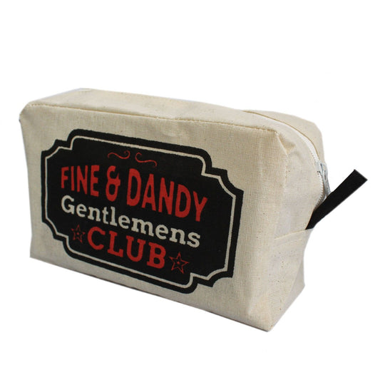 Dark organic cotton toiletry bag with Gentlemen Club typography, featuring a zip closure and external velcro pocket.