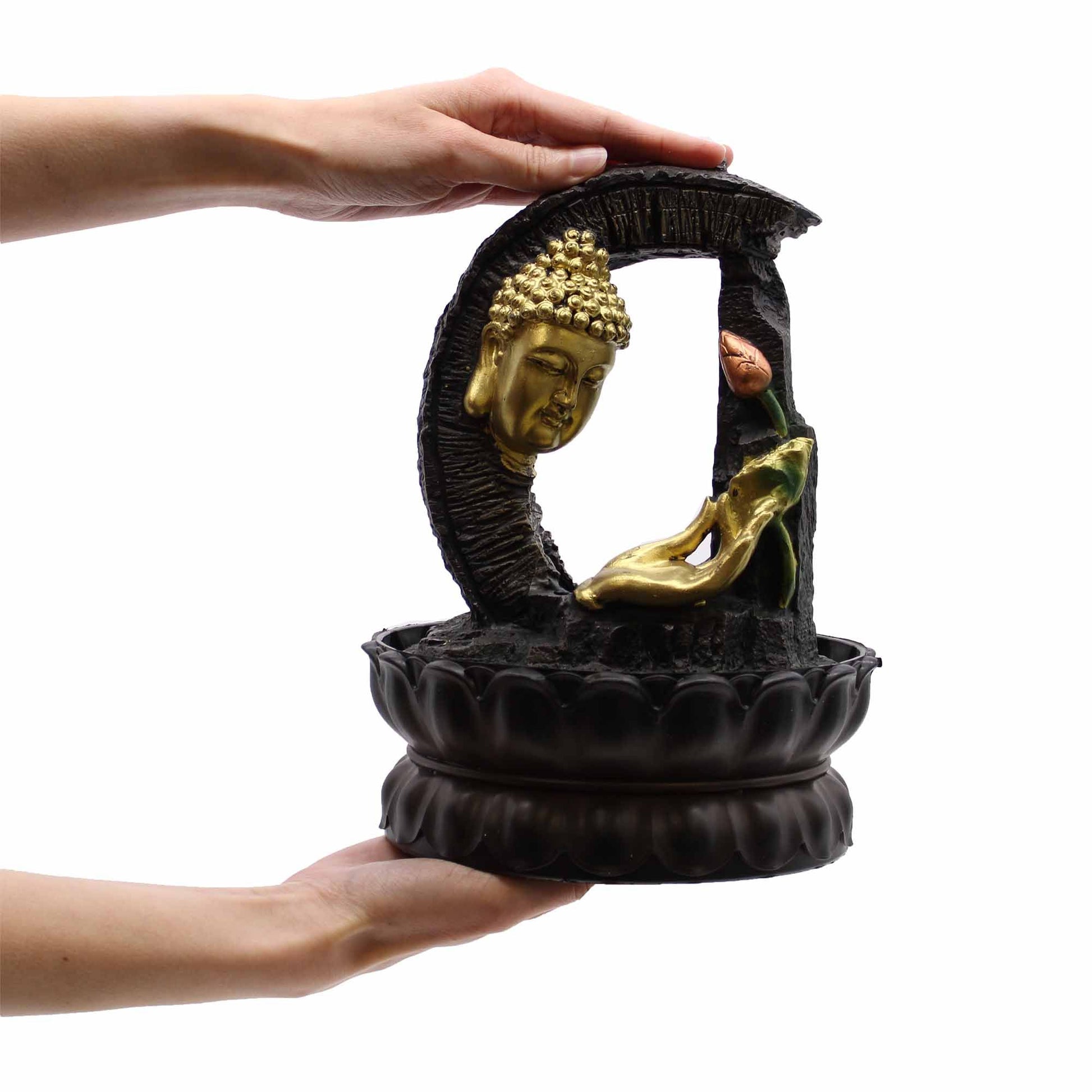 Serene 30cm golden Buddha sitting on a lotus flower within a decorative tabletop water fountain.