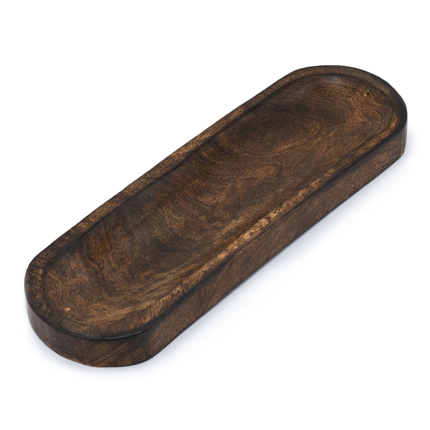 Long rectangular handcrafted mango wood incense tray with a natural wood grain finish.