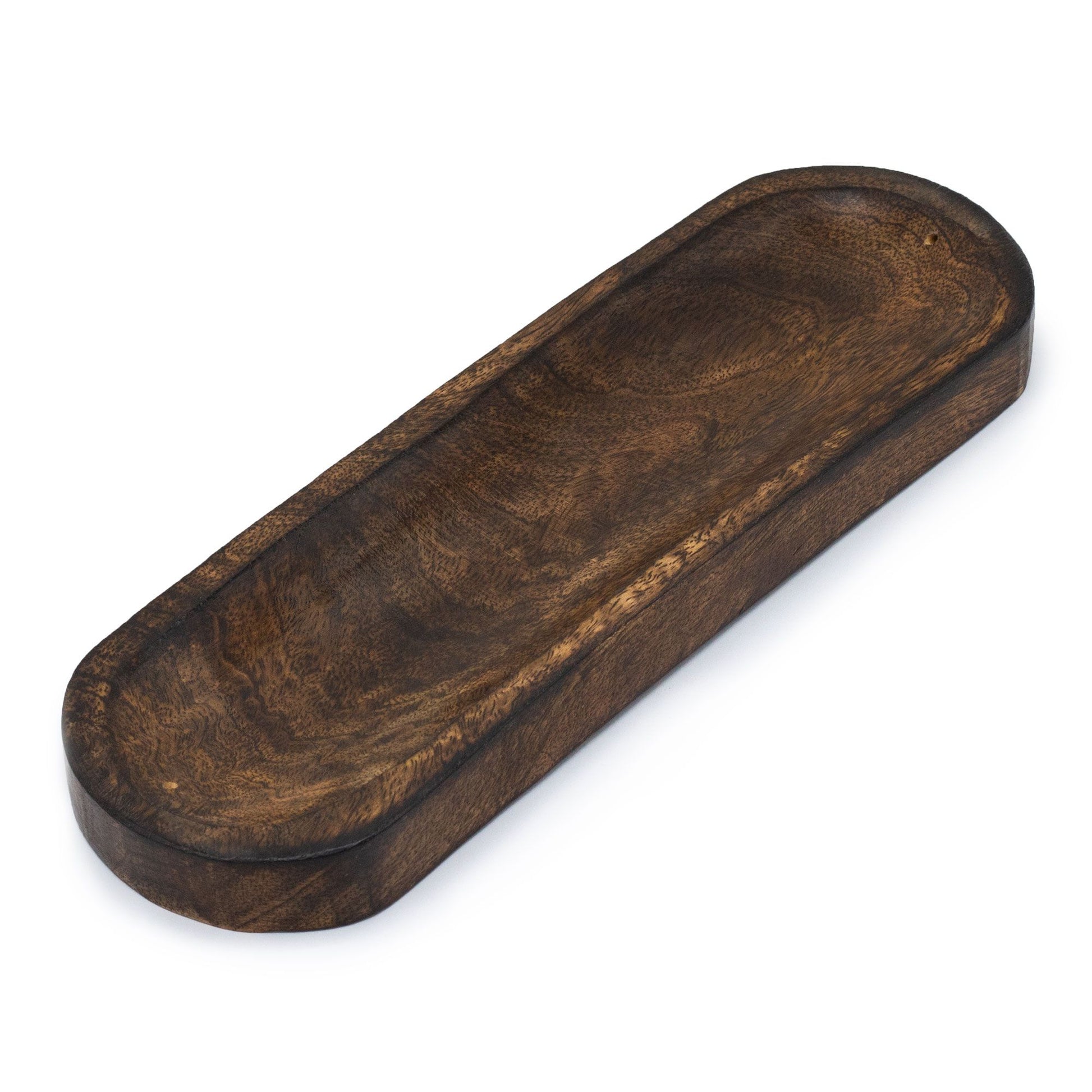 Long rectangular handcrafted mango wood incense tray with a natural wood grain finish.