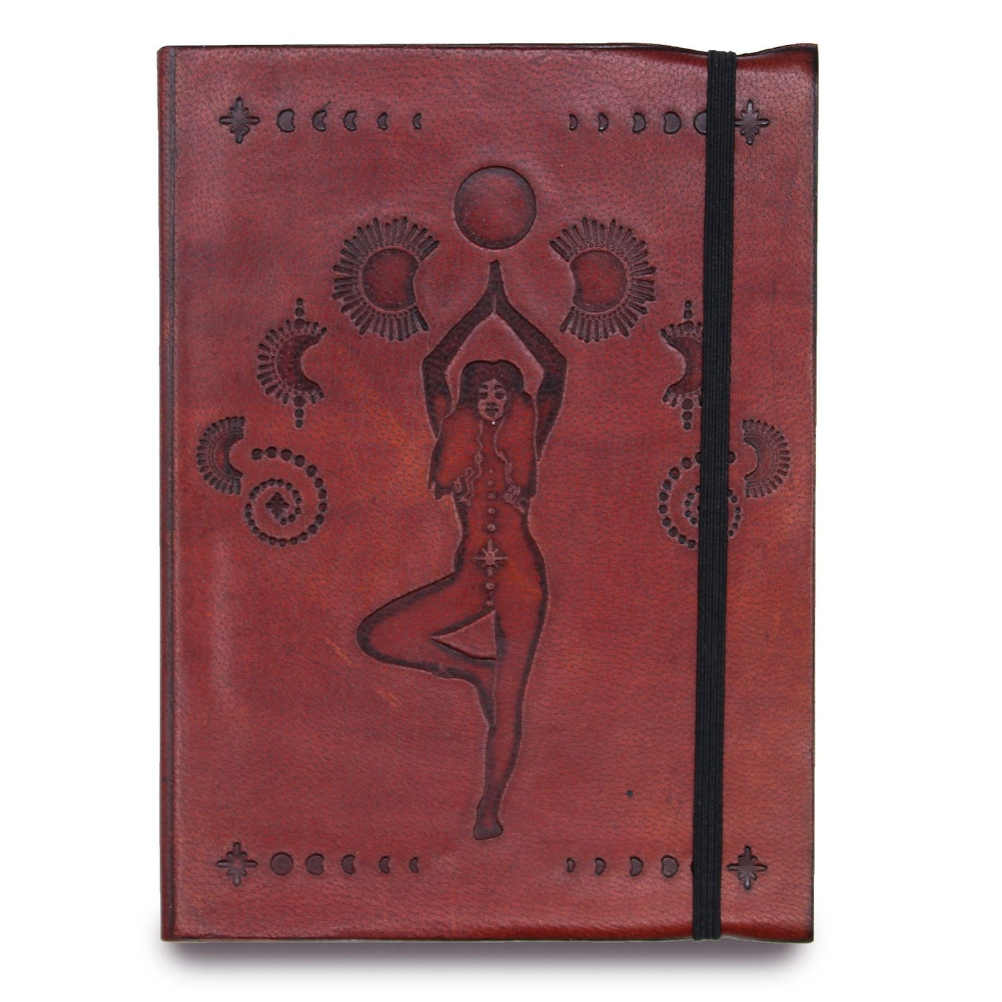 Small purple vegetable leather notebook featuring a gold cosmic goddess design and a practical elastic closure strap.