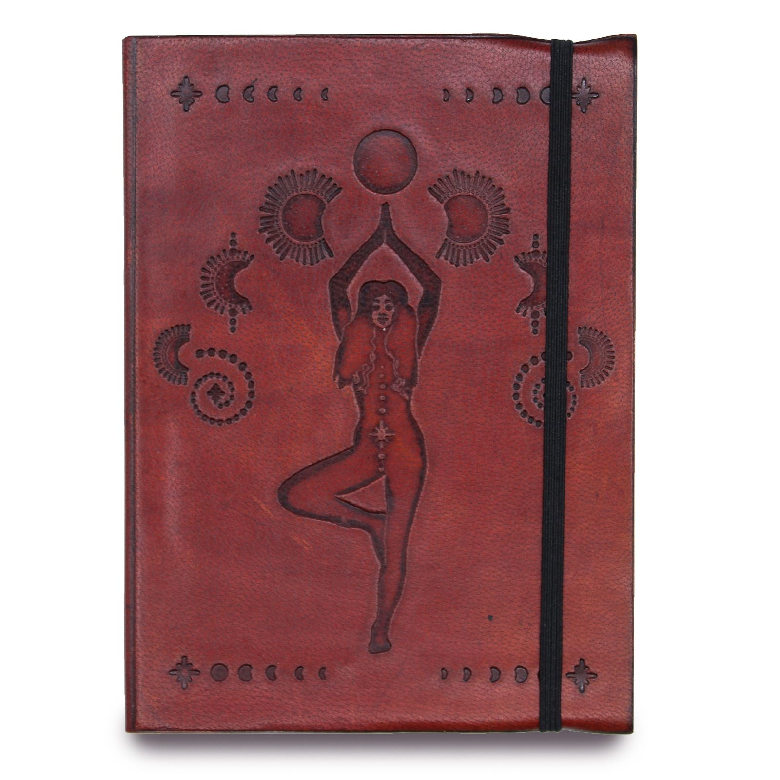 Small purple vegetable leather notebook featuring a gold cosmic goddess design and a practical elastic closure strap.