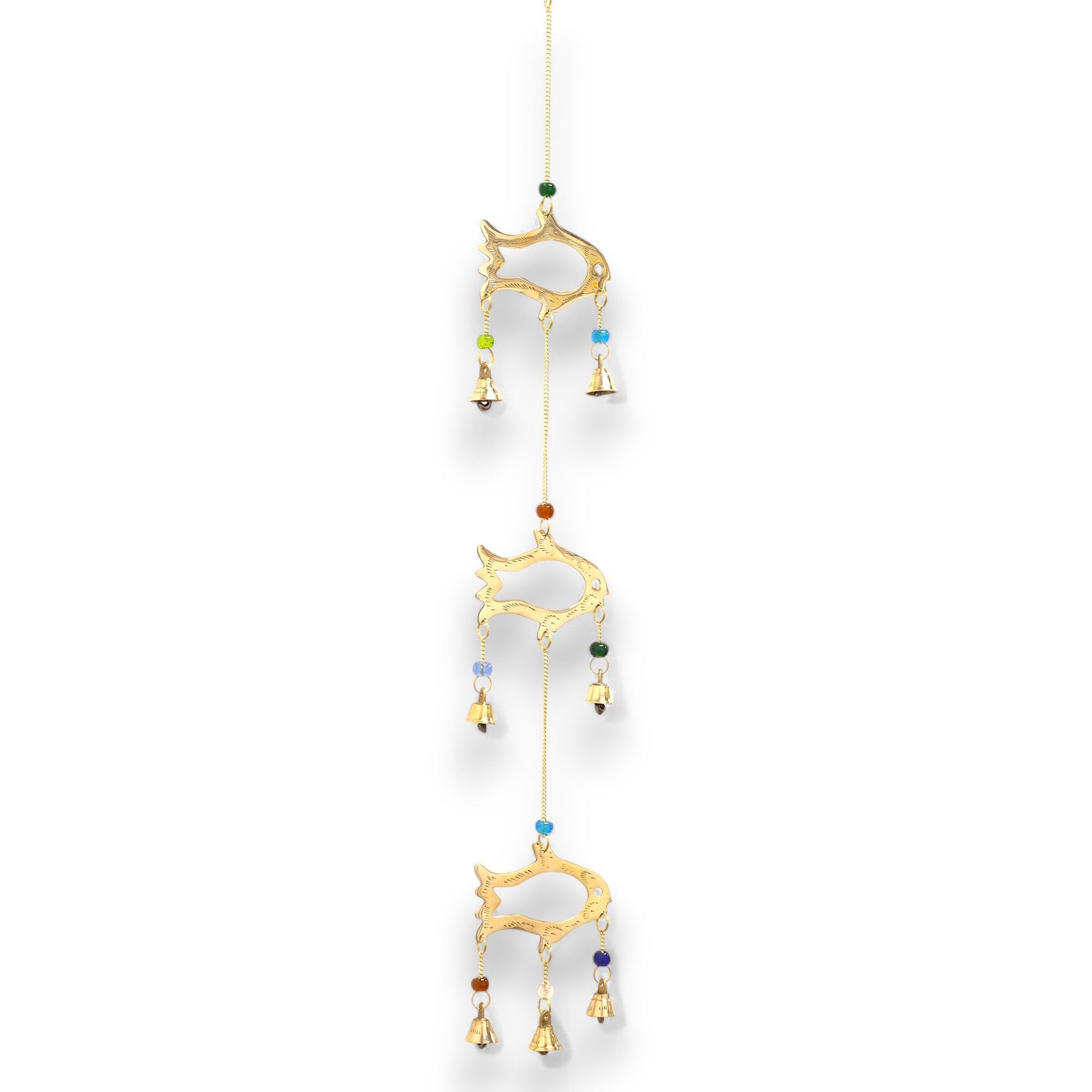 Handcrafted Indian chime with three brass fish shapes, vibrant colourful beads, and seven small brass bells.