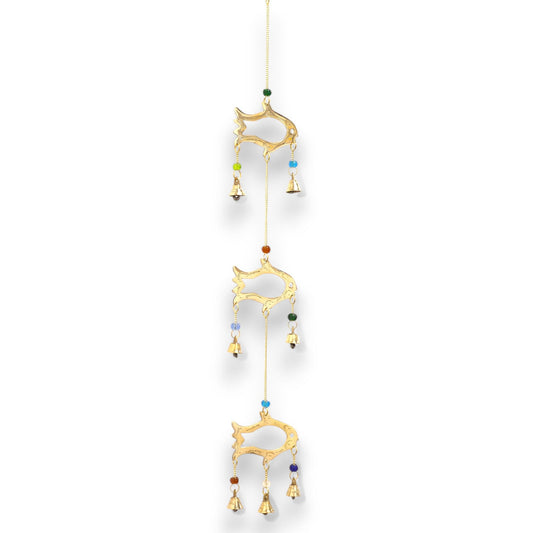 Handcrafted Indian chime with three brass fish shapes, vibrant colourful beads, and seven small brass bells.