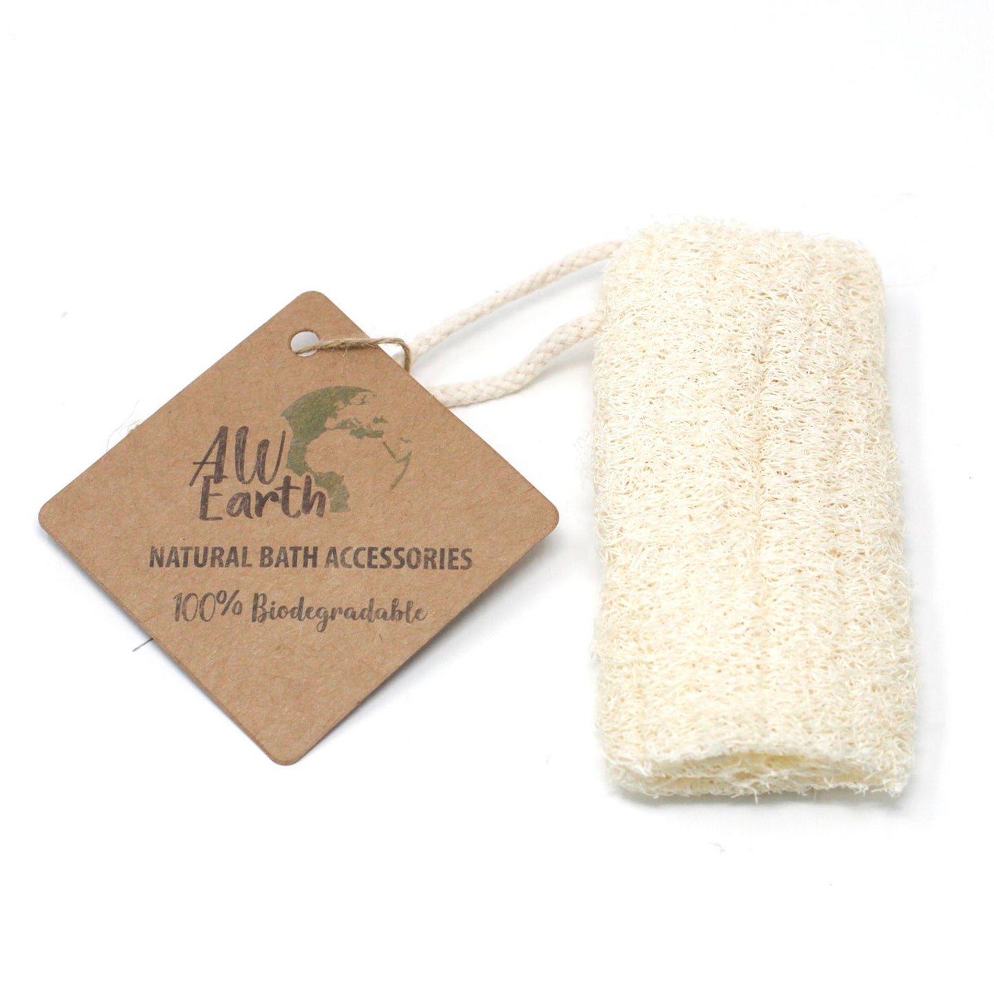 Textured natural loofah sponge with a built-in hanging rope for easy storage and drying.