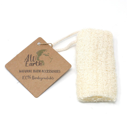 Textured natural loofah sponge with a built-in hanging rope for easy storage and drying.