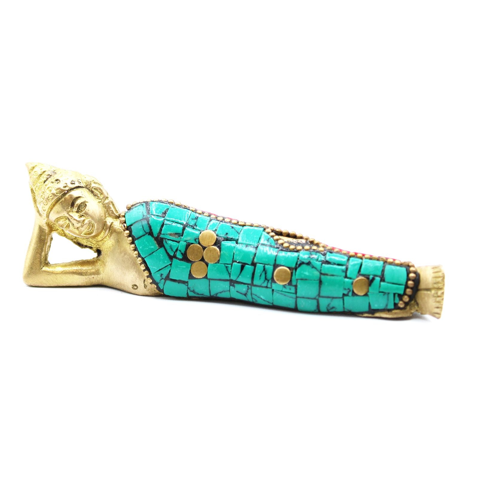 Small polished brass statue of a reclining Buddha figure lying down on one side with intricate traditional details.