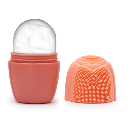Ergonomic peach-coloured silicone ice facial roller for cooling skincare therapy and facial massage.