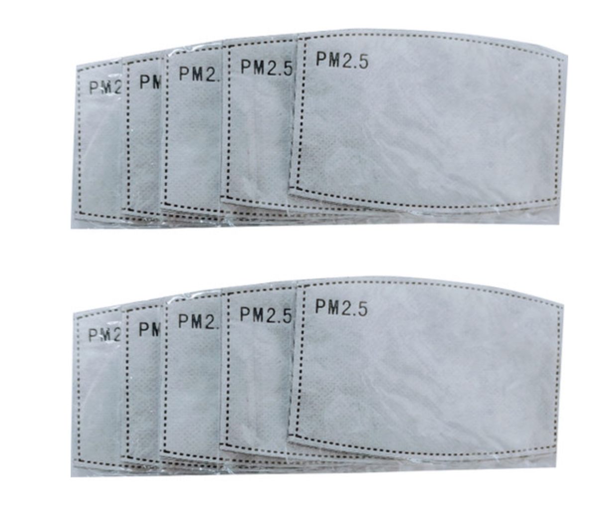 Close-up of a rectangular grey 5-layer PM2.5 activated carbon filter insert for adult face masks.